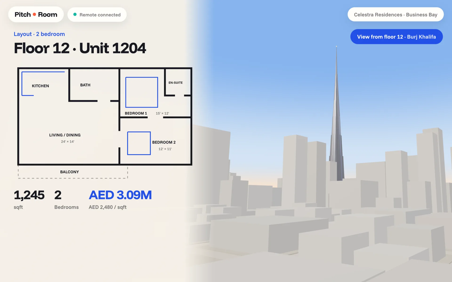 Laptop showing a two-bedroom floor plan next to the view from floor 12