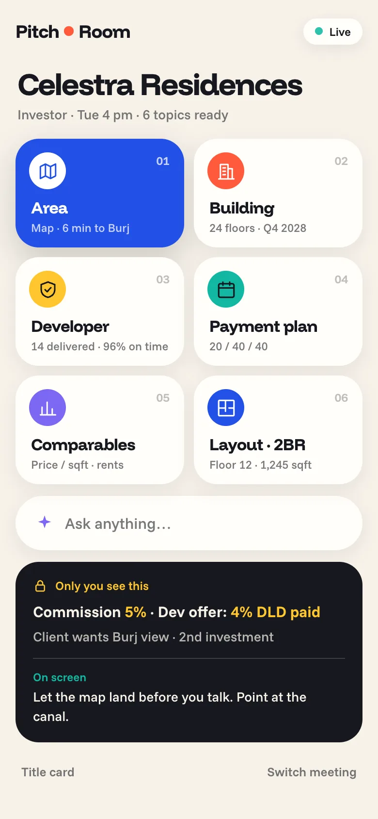 Phone remote with the Area topic selected, and the agent’s private commission and notes at the bottom