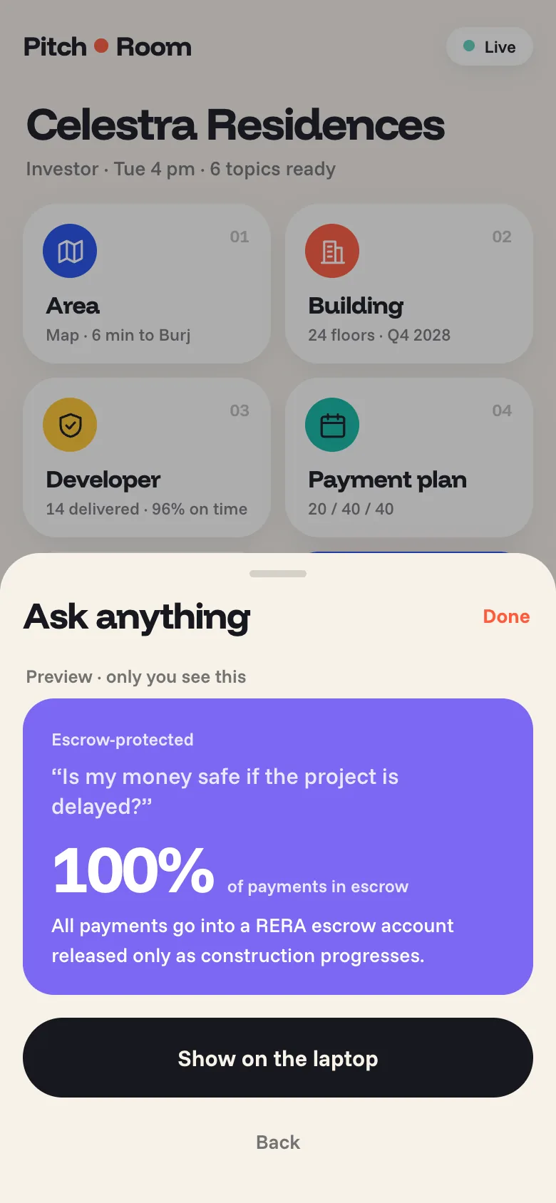 Phone showing a preview of a prepared answer before it goes on screen