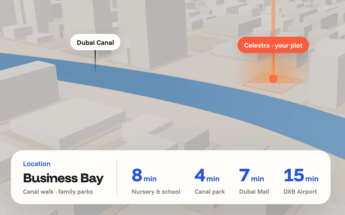 Area map: the plot by Dubai Canal, with 8 minutes to a school, 4 to a canal park, 7 to Dubai Mall and 15 to the airport