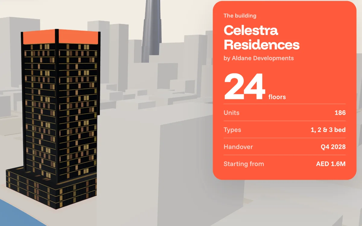 The tower on the map, with 24 floors, 186 units, handover Q4 2028 and a starting price of AED 1.6M